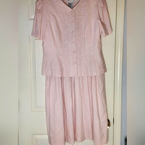 karin stevens Dresses & Skirts - Vtg Karin Stevens 14 PastelPink LINENBlendFaux2Piece Women Midi Embroidery Dress